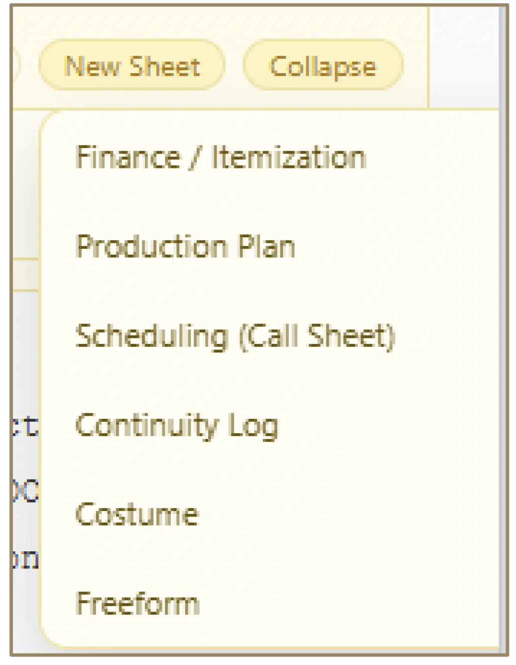 New Sheet button and six sheet type options available